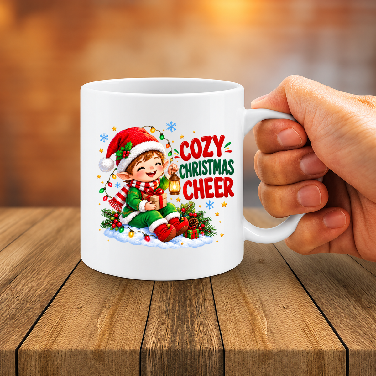 MG6911 Cozy Christmas Cheer Elf Mug, 11oz White Ceramic Coffee Cup with Cute Christmas Elf, Lantern and Gift Print, 325ml Festive Novelty Tea Mug, Xmas Holiday Drinkware for Home and Office