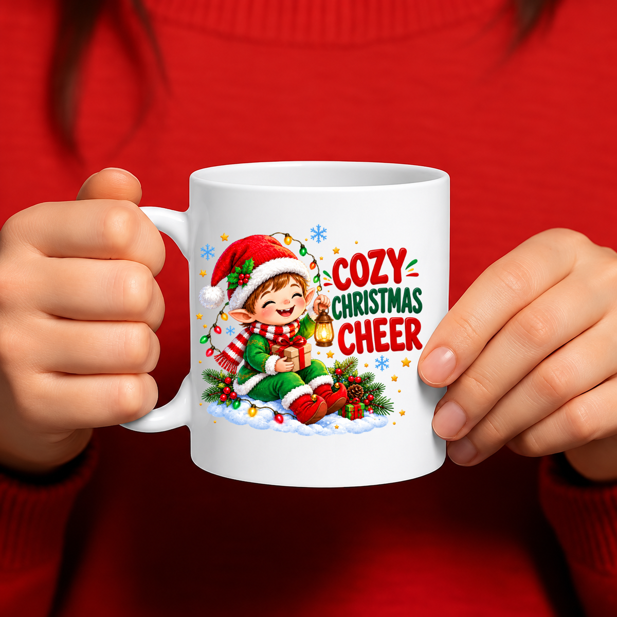MG6911 Cozy Christmas Cheer Elf Mug, 11oz White Ceramic Coffee Cup with Cute Christmas Elf, Lantern and Gift Print, 325ml Festive Novelty Tea Mug, Xmas Holiday Drinkware for Home and Office