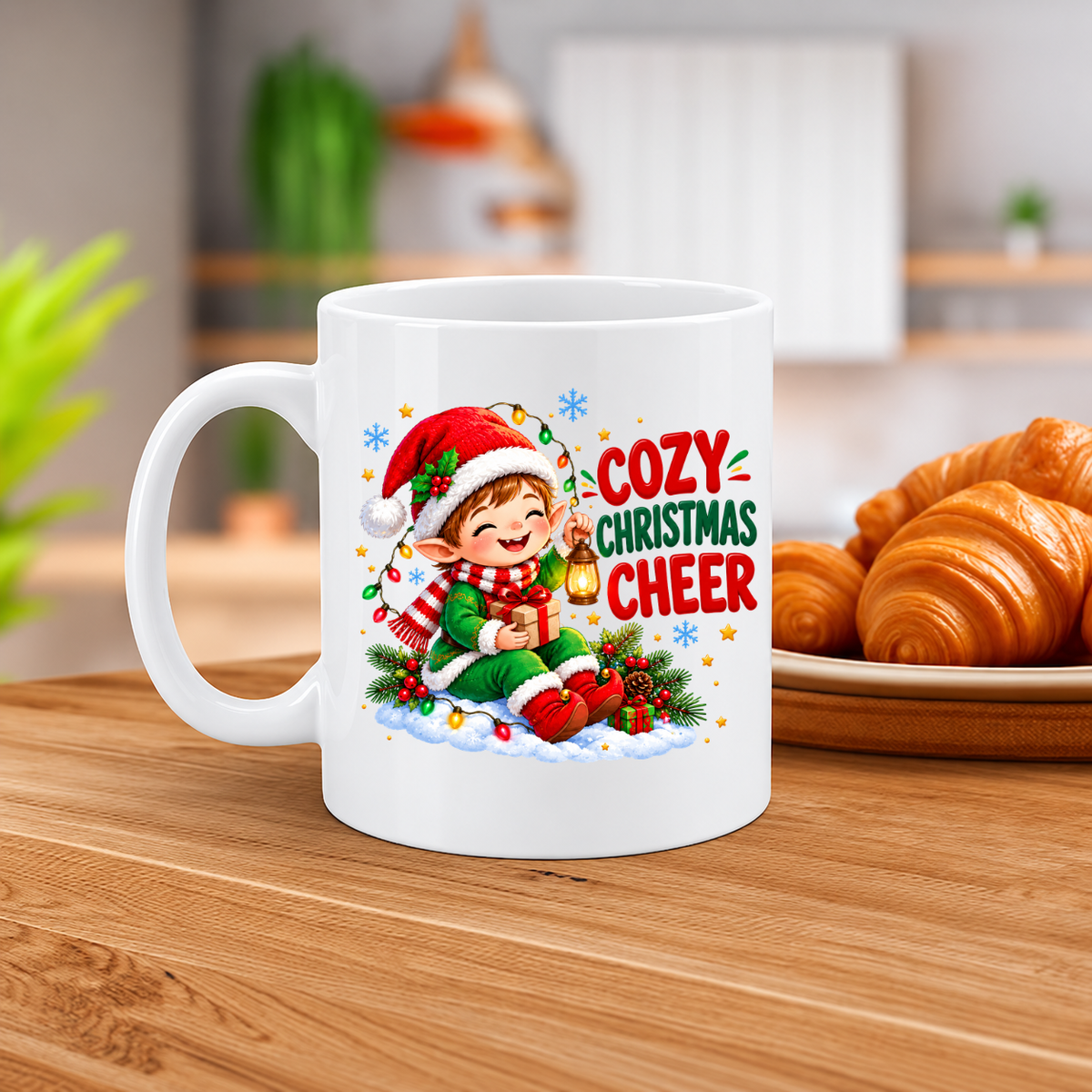 MG6911 Cozy Christmas Cheer Elf Mug, 11oz White Ceramic Coffee Cup with Cute Christmas Elf, Lantern and Gift Print, 325ml Festive Novelty Tea Mug, Xmas Holiday Drinkware for Home and Office