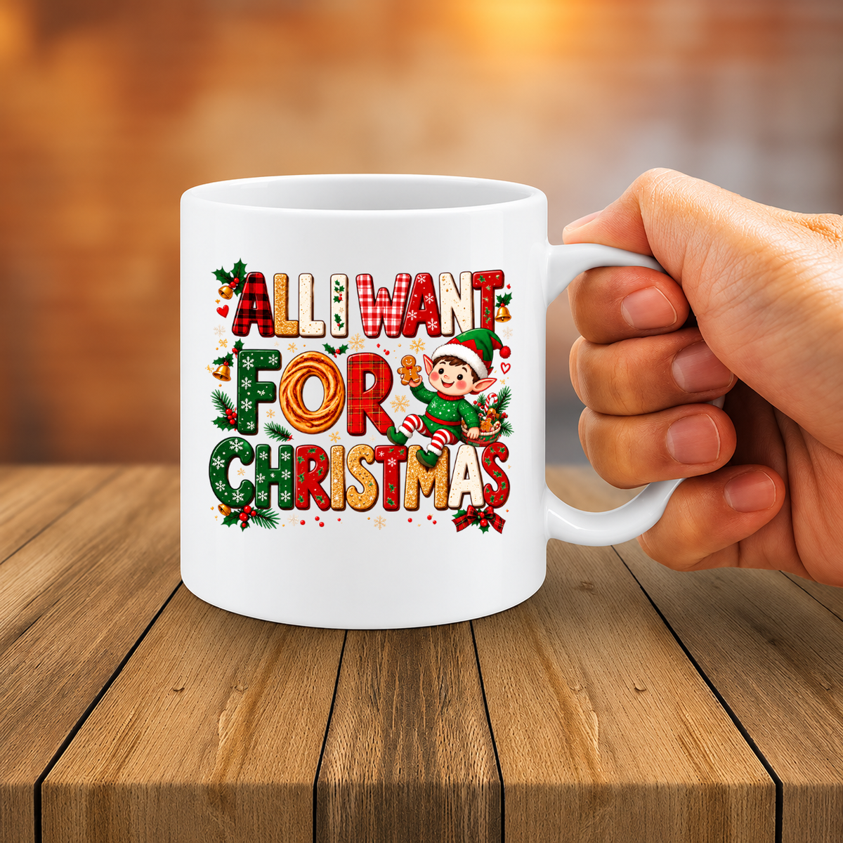 MG6913 Elf Delivery Crew Christmas Mug, 11oz White Ceramic Coffee Cup with Cute Santa Elf, Festive Gifts and Candy Cane Print, 325ml Novelty Tea Mug for Christmas Holidays, Home and Office