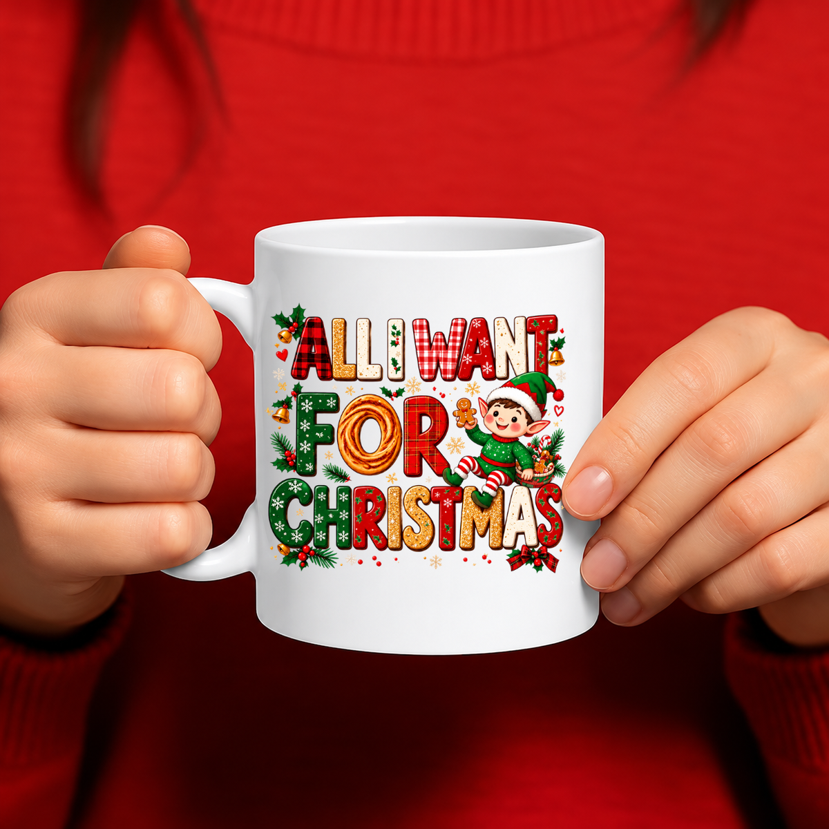 MG6913 Elf Delivery Crew Christmas Mug, 11oz White Ceramic Coffee Cup with Cute Santa Elf, Festive Gifts and Candy Cane Print, 325ml Novelty Tea Mug for Christmas Holidays, Home and Office