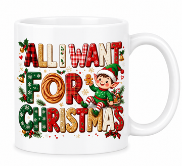 MG6913 Elf Delivery Crew Christmas Mug, 11oz White Ceramic Coffee Cup with Cute Santa Elf, Festive Gifts and Candy Cane Print, 325ml Novelty Tea Mug for Christmas Holidays, Home and Office
