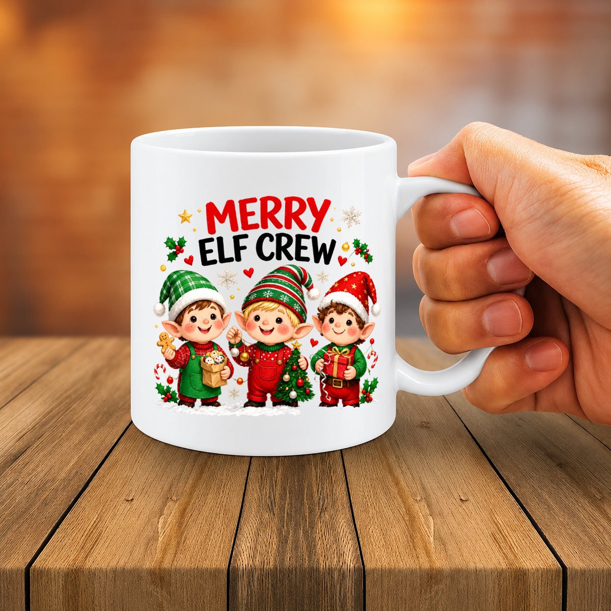 MG6914 Merry Elf Crew Christmas Mug, 11oz White Ceramic Coffee Cup with Three Cute Christmas Elves, Festive Gifts and Tree Print, 325ml Novelty Tea Mug for Xmas Holidays, Home and Office