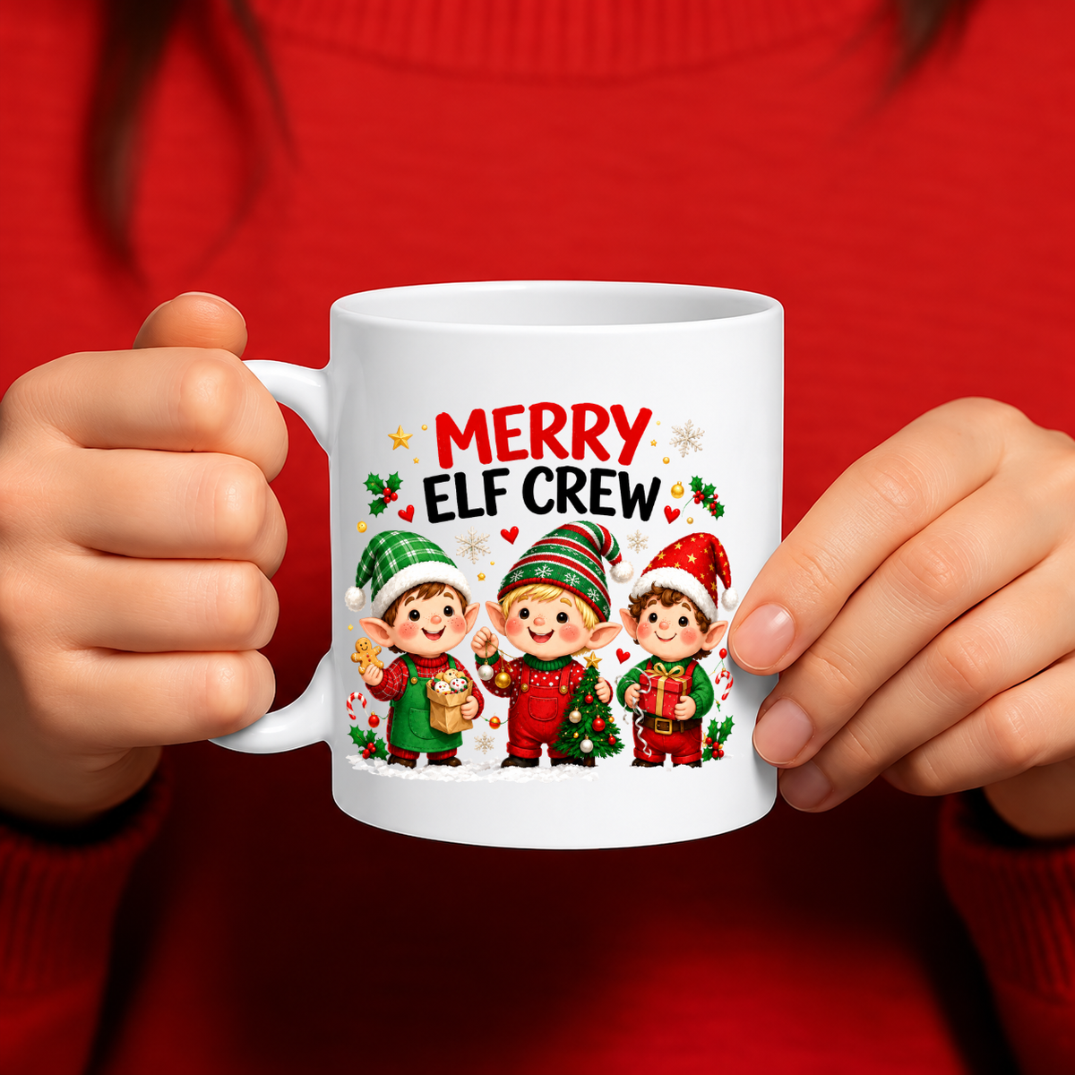 MG6914 Merry Elf Crew Christmas Mug, 11oz White Ceramic Coffee Cup with Three Cute Christmas Elves, Festive Gifts and Tree Print, 325ml Novelty Tea Mug for Xmas Holidays, Home and Office