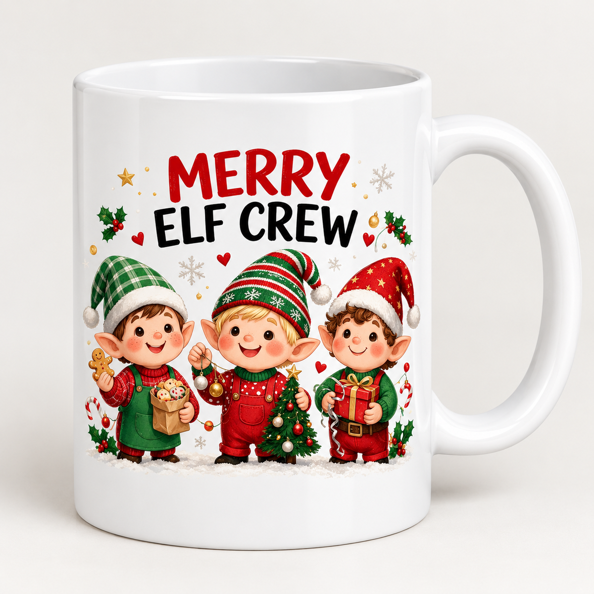 MG6914 Merry Elf Crew Christmas Mug, 11oz White Ceramic Coffee Cup with Three Cute Christmas Elves, Festive Gifts and Tree Print, 325ml Novelty Tea Mug for Xmas Holidays, Home and Office