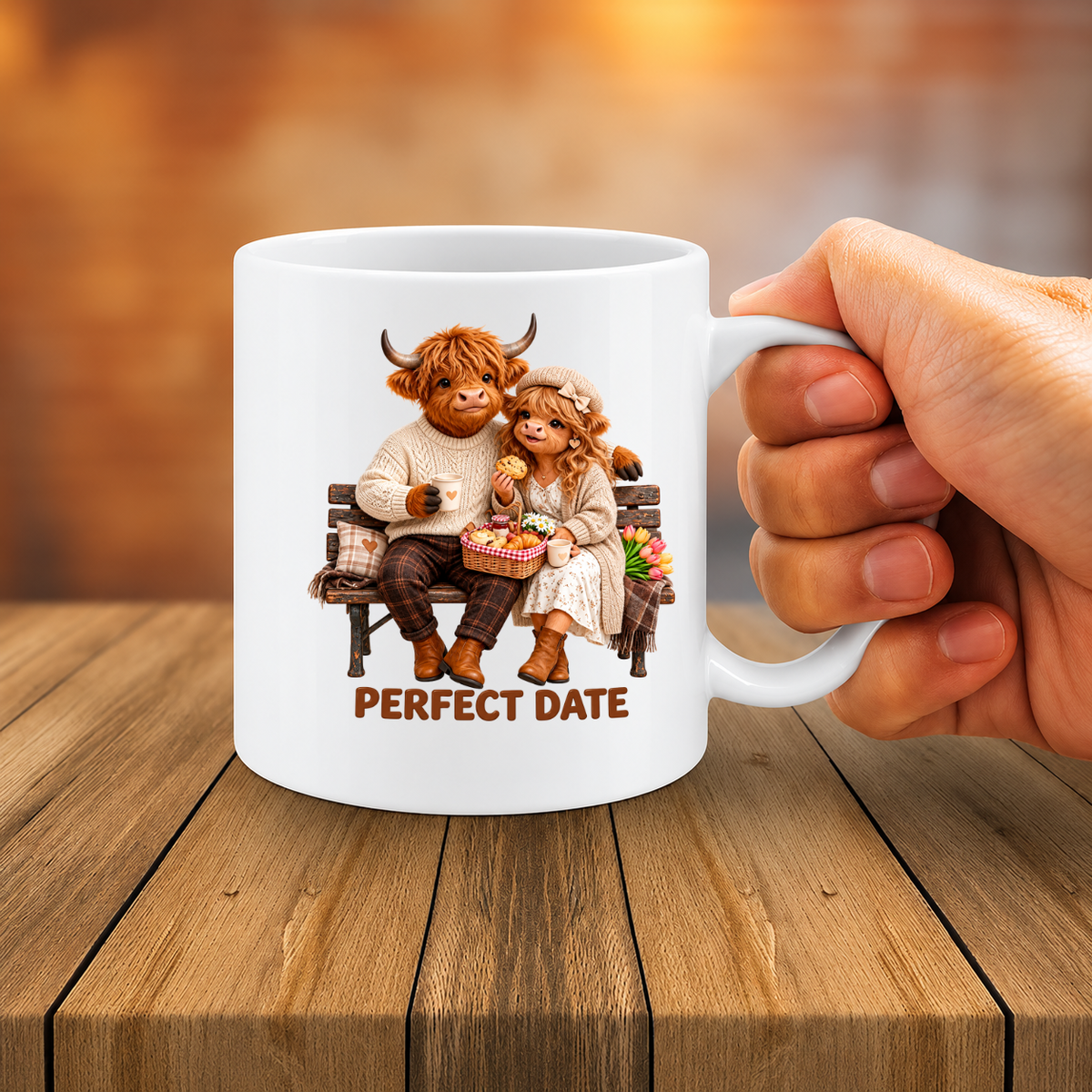 MG6915 Perfect Date Highland Cow Couple Mug, 11oz White Ceramic Coffee Cup with Romantic Cow Couple Artwork, Cute Love Design, 325ml Novelty Tea Mug