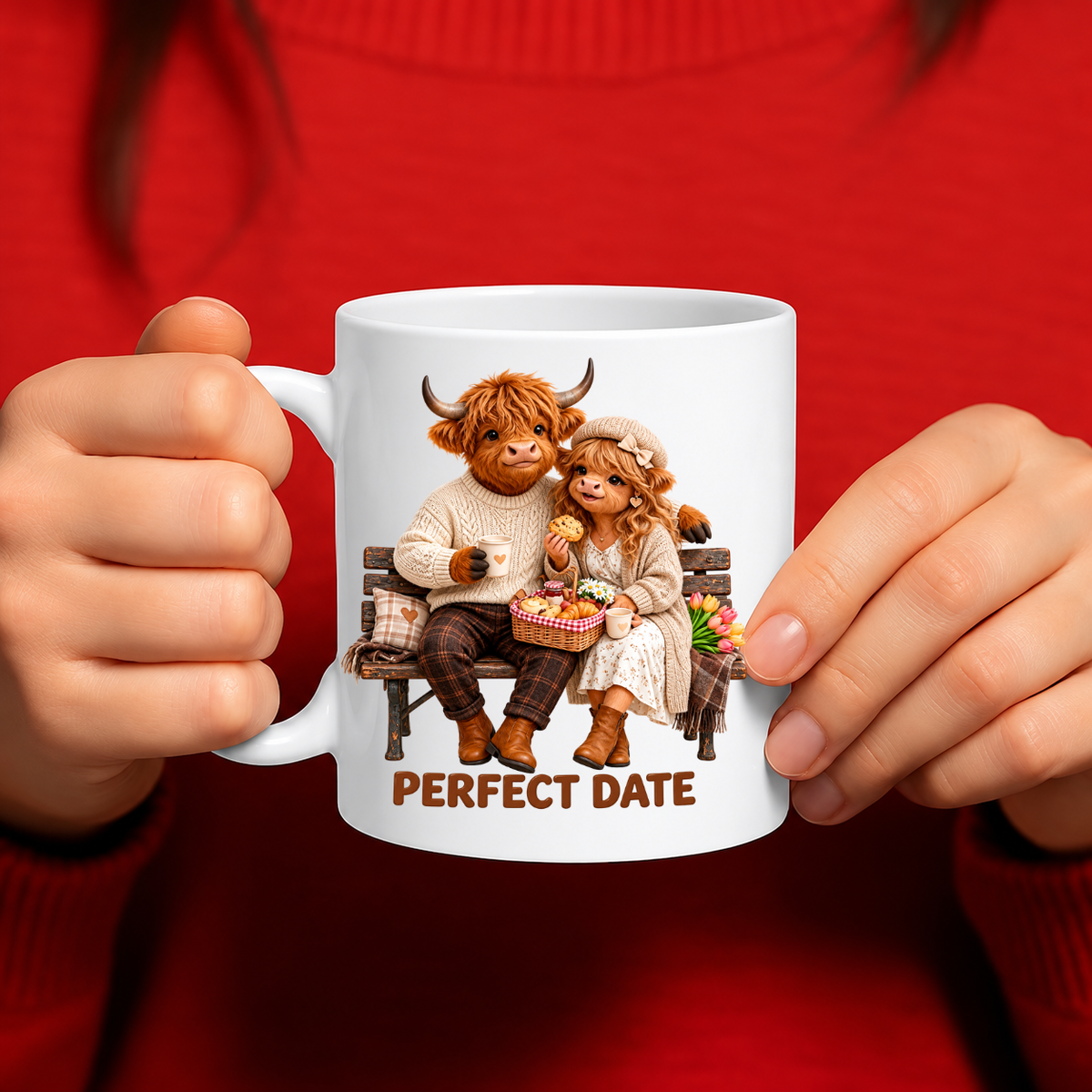 MG6915 Perfect Date Highland Cow Couple Mug, 11oz White Ceramic Coffee Cup with Romantic Cow Couple Artwork, Cute Love Design, 325ml Novelty Tea Mug