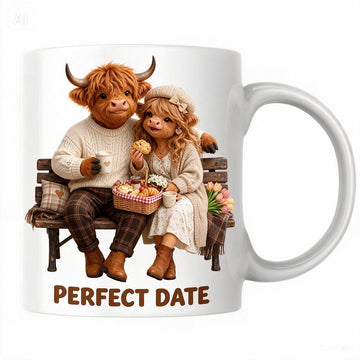 MG6915 Perfect Date Highland Cow Couple Mug, 11oz White Ceramic Coffee Cup with Romantic Cow Couple Artwork, Cute Love Design, 325ml Novelty Tea Mug