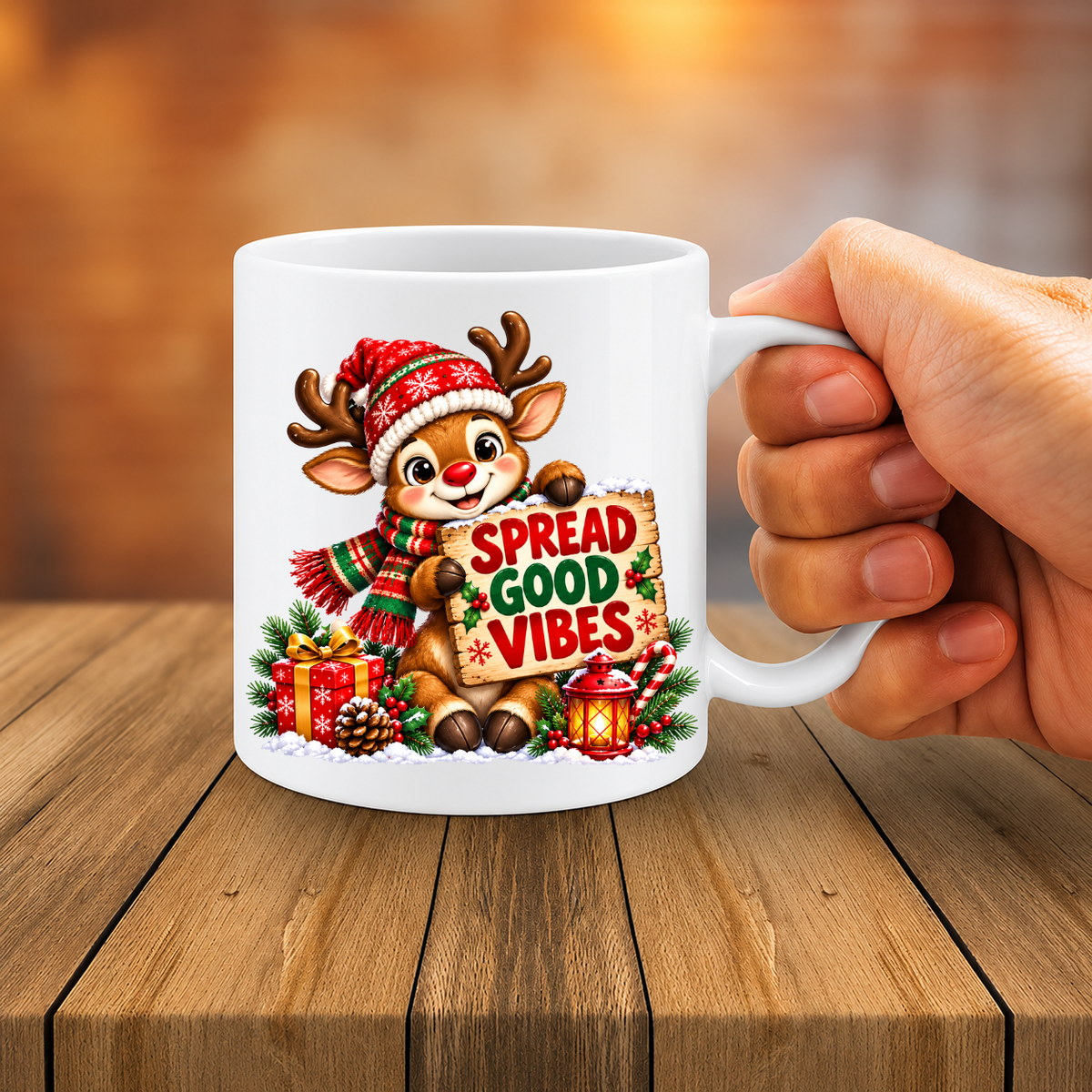 MG6916 Spread Good Vibes Christmas Reindeer Mug, 11oz White Ceramic Coffee Cup with Cute Festive Reindeer, Santa Hat and Wooden Sign Print, 325ml Novelty Tea Mug for Xmas, Home and Office