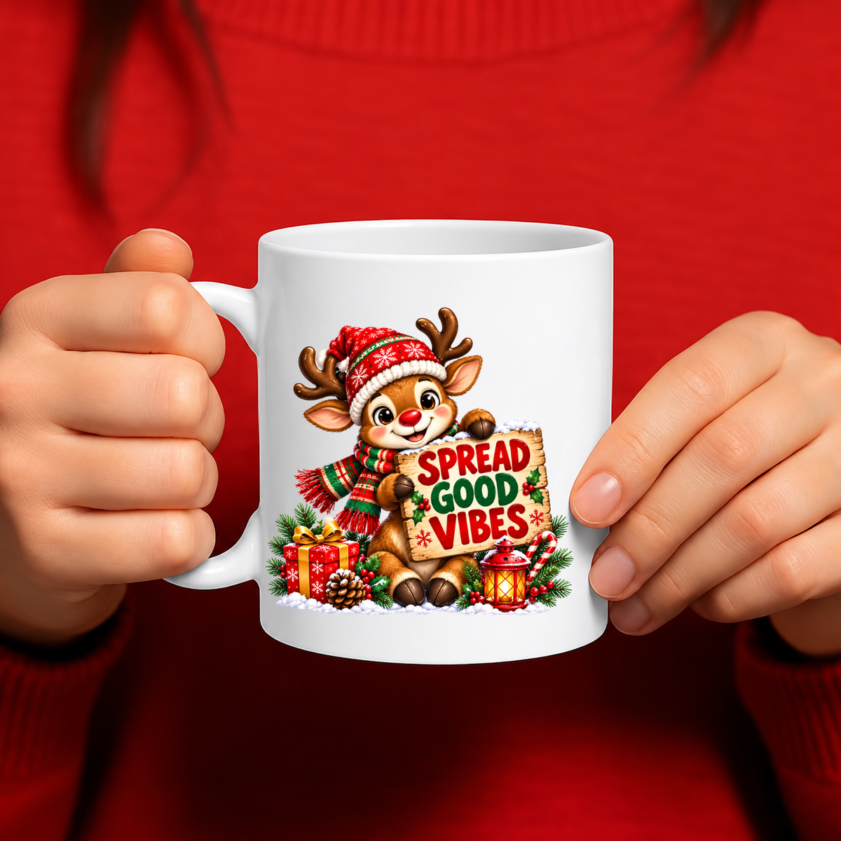 MG6916 Spread Good Vibes Christmas Reindeer Mug, 11oz White Ceramic Coffee Cup with Cute Festive Reindeer, Santa Hat and Wooden Sign Print, 325ml Novelty Tea Mug for Xmas, Home and Office