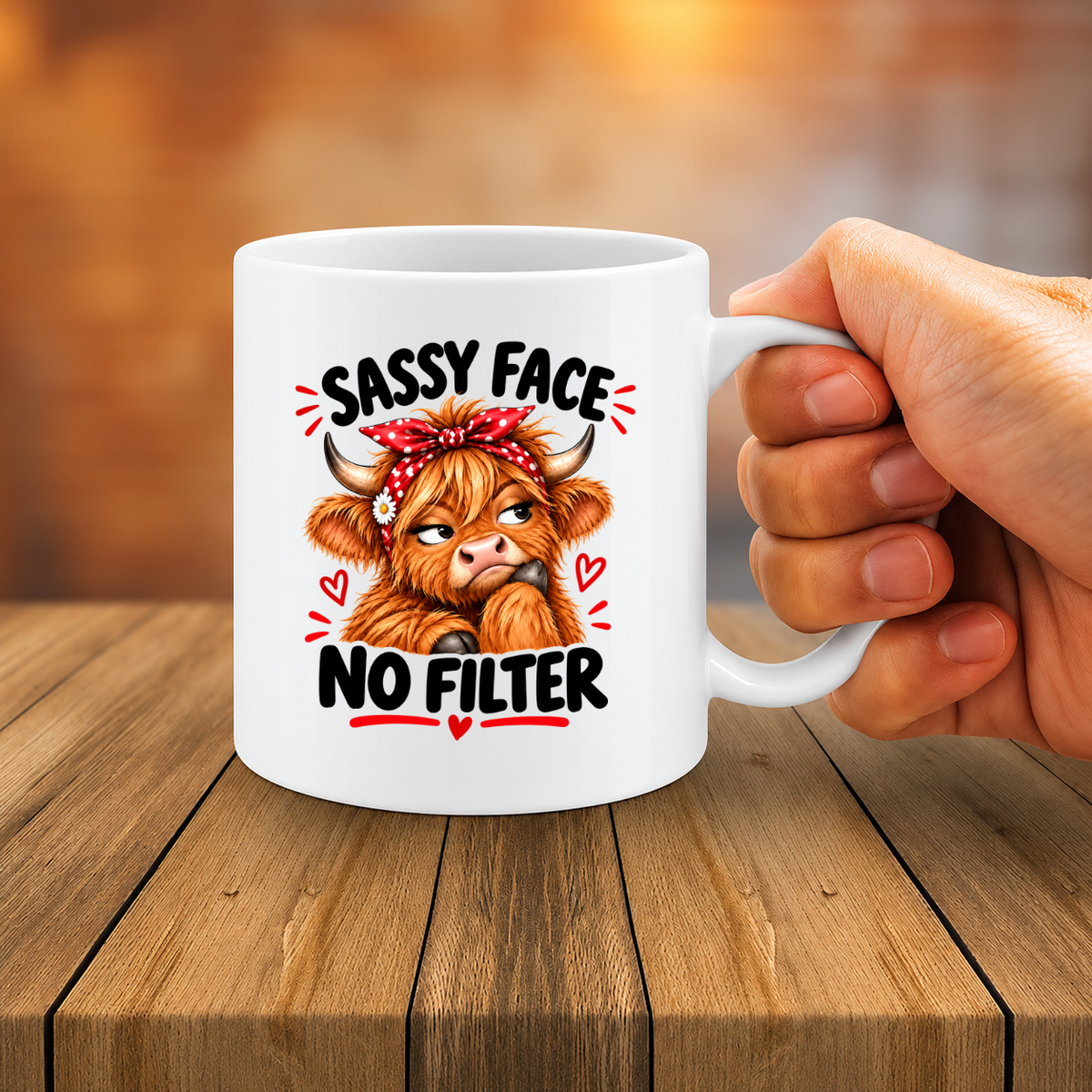 MG6917 Sassy Face No Filter Highland Cow Mug, 11oz White Ceramic Coffee Cup with Funny Grumpy Cow and Red Polka Dot Headband Print, 325ml Novelty Tea Mug for Home, Office and Coffee Breaks