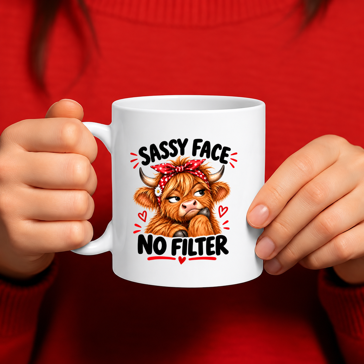 MG6917 Sassy Face No Filter Highland Cow Mug, 11oz White Ceramic Coffee Cup with Funny Grumpy Cow and Red Polka Dot Headband Print, 325ml Novelty Tea Mug for Home, Office and Coffee Breaks