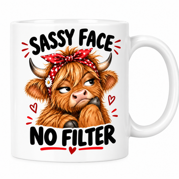MG6917 Sassy Face No Filter Highland Cow Mug, 11oz White Ceramic Coffee Cup with Funny Grumpy Cow and Red Polka Dot Headband Print, 325ml Novelty Tea Mug for Home, Office and Coffee Breaks