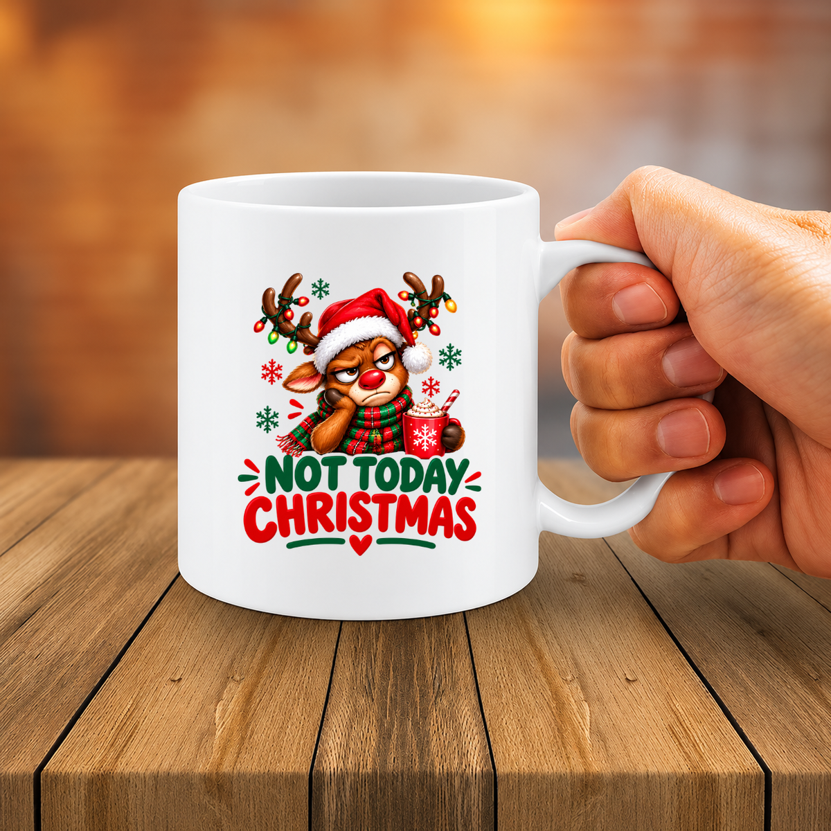 MG6919 Not Today Christmas Reindeer Mug, 11oz White Ceramic Coffee Cup with Grumpy Reindeer, Santa Hat and Hot Chocolate Print, 325ml Funny Festive Tea Mug for Home, Office and Winter Holidays