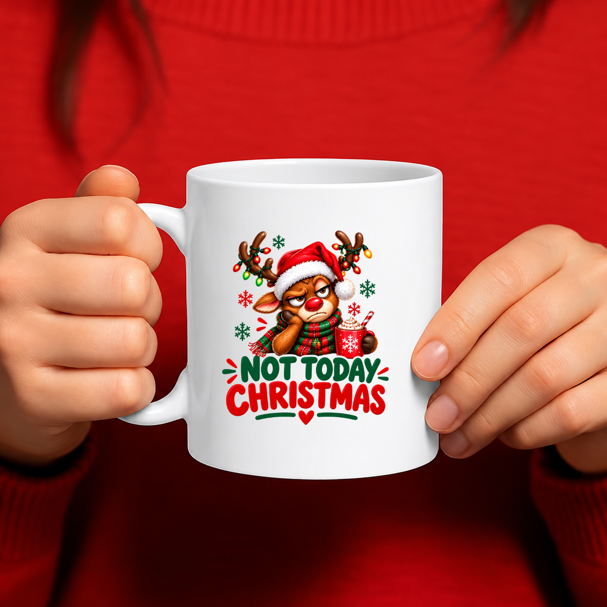 MG6919 Not Today Christmas Reindeer Mug, 11oz White Ceramic Coffee Cup with Grumpy Reindeer, Santa Hat and Hot Chocolate Print, 325ml Funny Festive Tea Mug for Home, Office and Winter Holidays
