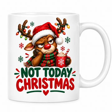 MG6919 Not Today Christmas Reindeer Mug, 11oz White Ceramic Coffee Cup with Grumpy Reindeer, Santa Hat and Hot Chocolate Print, 325ml Funny Festive Tea Mug for Home, Office and Winter Holidays