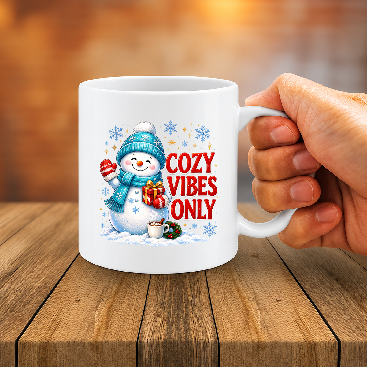 MG6920 Cozy Vibes Only Snowman Mug, 11oz White Ceramic Coffee Cup with Cute Winter Snowman, Blue Hat and Christmas Gift Print, 325ml Festive Novelty Tea Mug for Home, Office and Winter Holidays