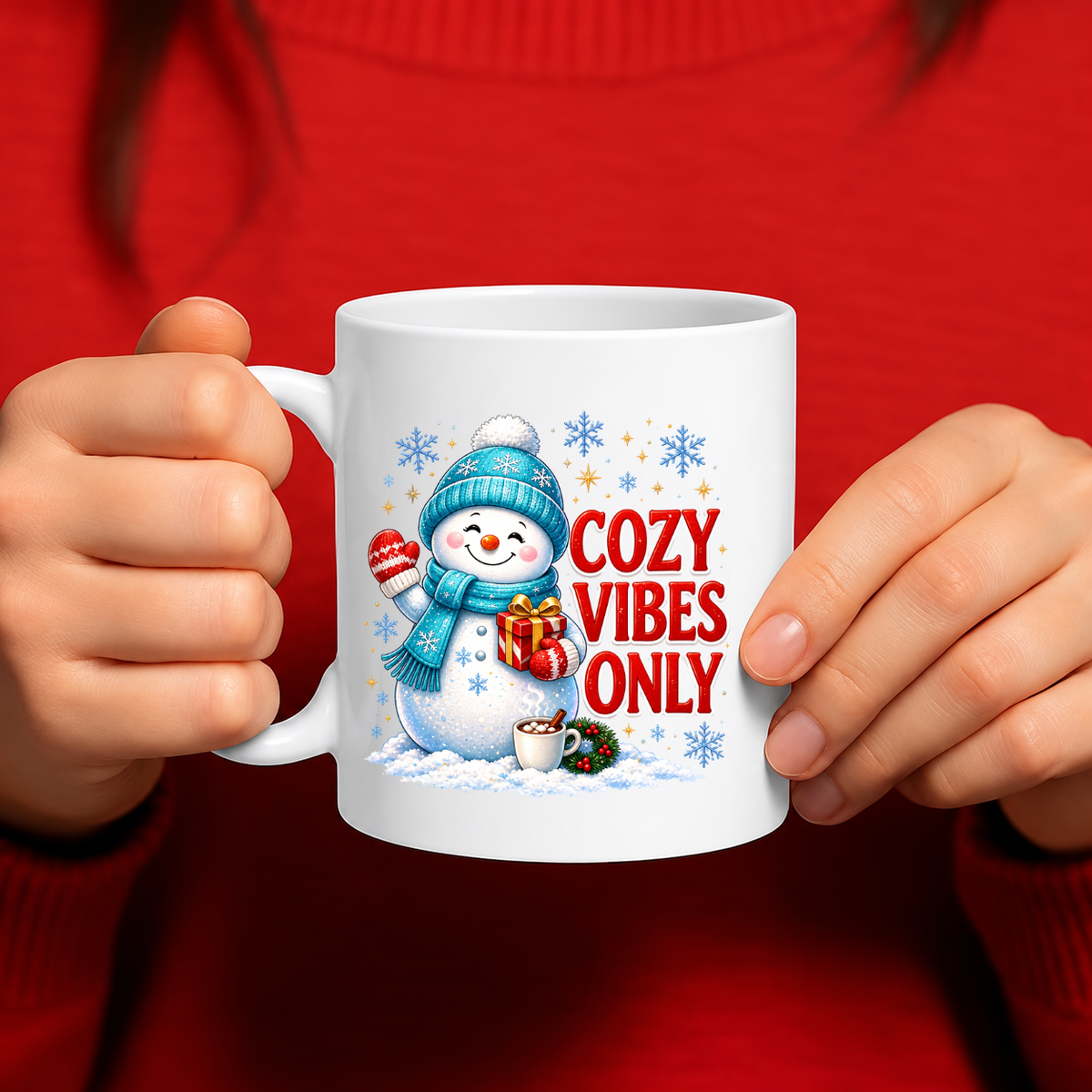 MG6920 Cozy Vibes Only Snowman Mug, 11oz White Ceramic Coffee Cup with Cute Winter Snowman, Blue Hat and Christmas Gift Print, 325ml Festive Novelty Tea Mug for Home, Office and Winter Holidays