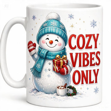MG6920 Cozy Vibes Only Snowman Mug, 11oz White Ceramic Coffee Cup with Cute Winter Snowman, Blue Hat and Christmas Gift Print, 325ml Festive Novelty Tea Mug for Home, Office and Winter Holidays