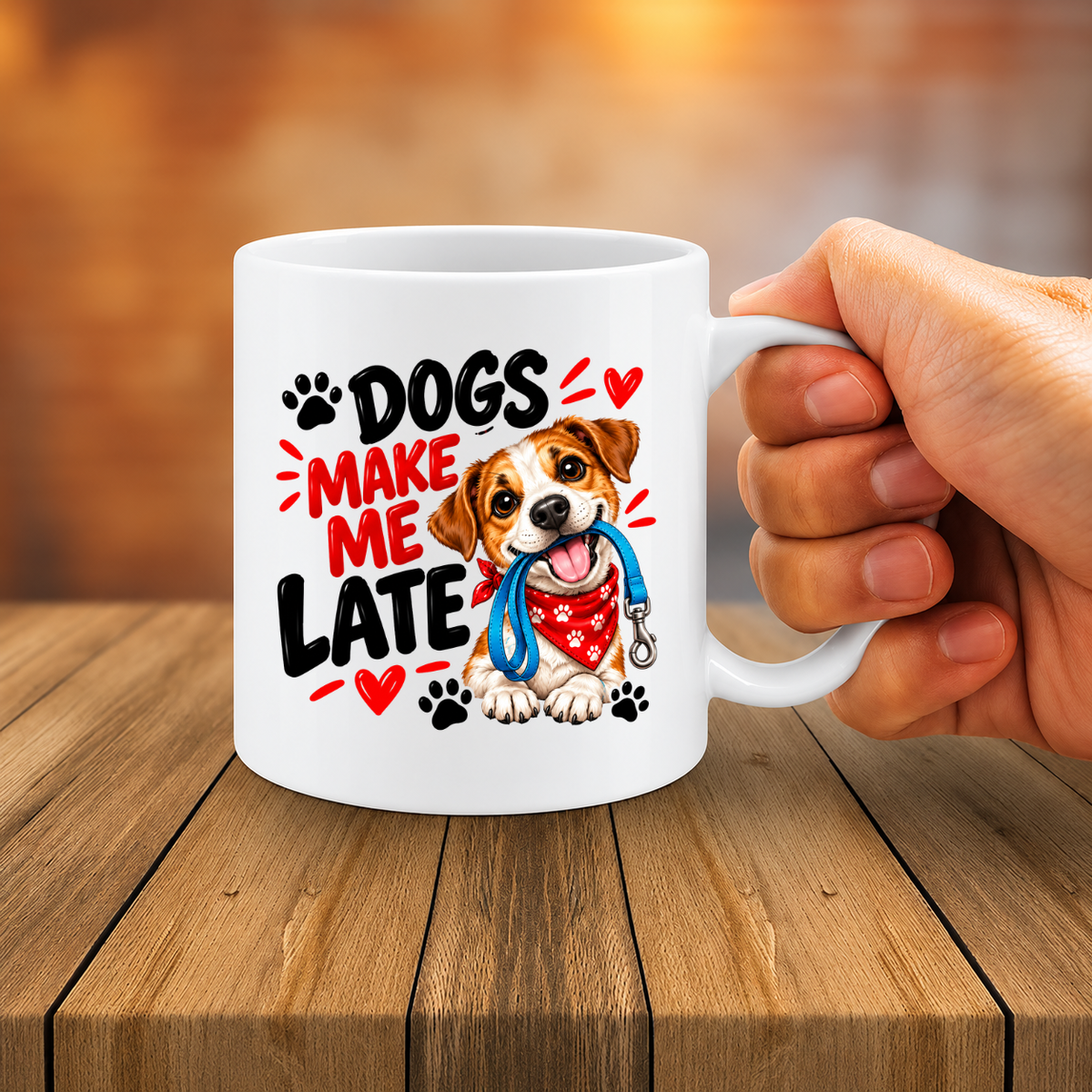 MG6921 Dogs Make Me Late Funny Dog Mug, 11oz White Ceramic Coffee Cup with Cute Puppy, Blue Lead and Red Bandana Print, 325ml Novelty Tea Mug for Dog Lovers, Pet Owners, Home and Office