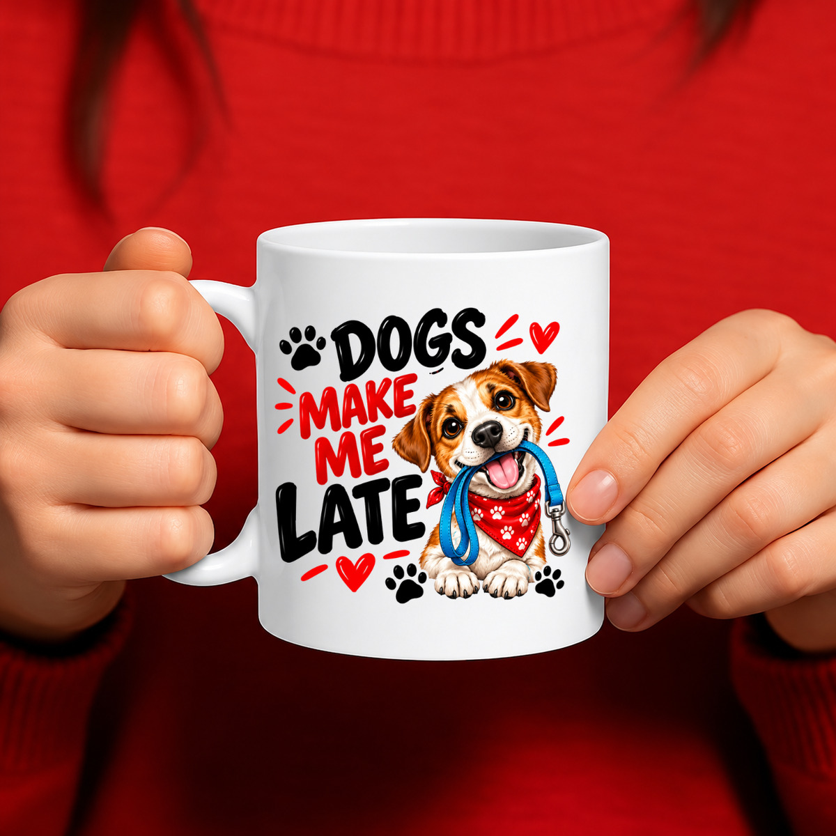 MG6921 Dogs Make Me Late Funny Dog Mug, 11oz White Ceramic Coffee Cup with Cute Puppy, Blue Lead and Red Bandana Print, 325ml Novelty Tea Mug for Dog Lovers, Pet Owners, Home and Office