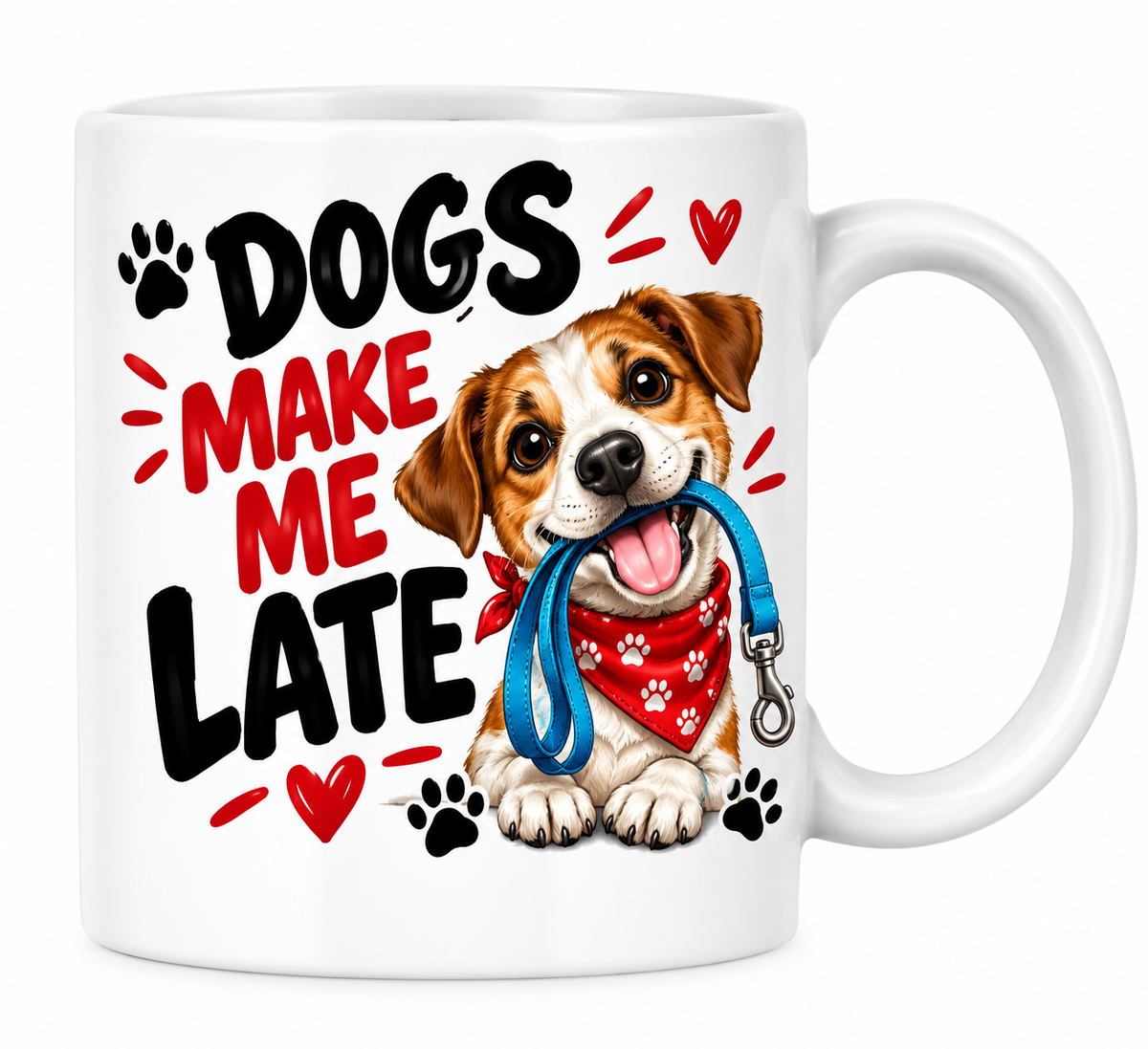 MG6921 Dogs Make Me Late Funny Dog Mug, 11oz White Ceramic Coffee Cup with Cute Puppy, Blue Lead and Red Bandana Print, 325ml Novelty Tea Mug for Dog Lovers, Pet Owners, Home and Office