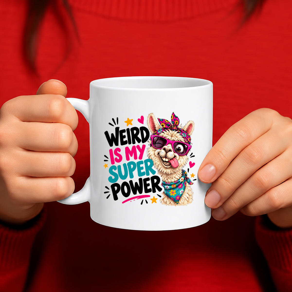 MG6922 Weird Is My Super Power Llama Mug, 11oz White Ceramic Coffee Cup with Funny Winking Llama, Pink Sunglasses and Floral Bandana Print, 325ml Novelty Tea Mug for Home and Office