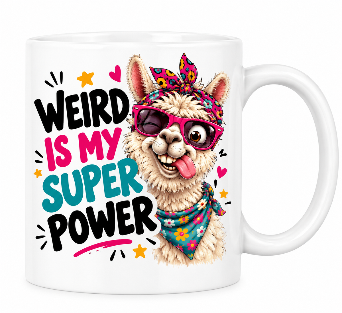 MG6922 Weird Is My Super Power Llama Mug, 11oz White Ceramic Coffee Cup with Funny Winking Llama, Pink Sunglasses and Floral Bandana Print, 325ml Novelty Tea Mug for Home and Office