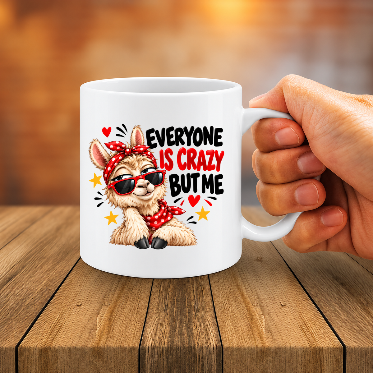 MG6923 Everyone Is Crazy But Me Funny Llama Mug, 11oz White Ceramic Coffee Cup with Sassy Llama, Red Sunglasses and Polka Dot Bandana Print, 325ml Novelty Tea Mug for Home, Office and Coffee Breaks