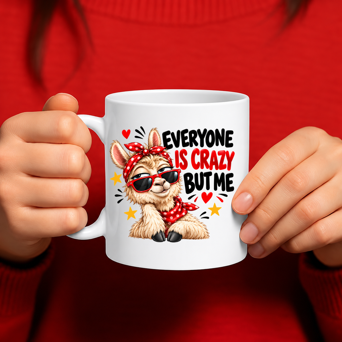 MG6923 Everyone Is Crazy But Me Funny Llama Mug, 11oz White Ceramic Coffee Cup with Sassy Llama, Red Sunglasses and Polka Dot Bandana Print, 325ml Novelty Tea Mug for Home, Office and Coffee Breaks