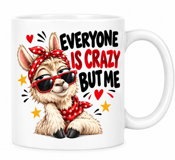 MG6923 Everyone Is Crazy But Me Funny Llama Mug, 11oz White Ceramic Coffee Cup with Sassy Llama, Red Sunglasses and Polka Dot Bandana Print, 325ml Novelty Tea Mug for Home, Office and Coffee Breaks