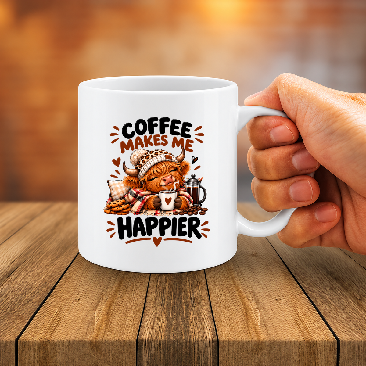 MG6924 Coffee Makes Me Happier Highland Cow Mug, 11oz White Ceramic Coffee Cup with Cosy Cow, Leopard Print Hat and Hot Drink Artwork, 325ml Funny Tea Mug for Home, Office and Coffee Lovers