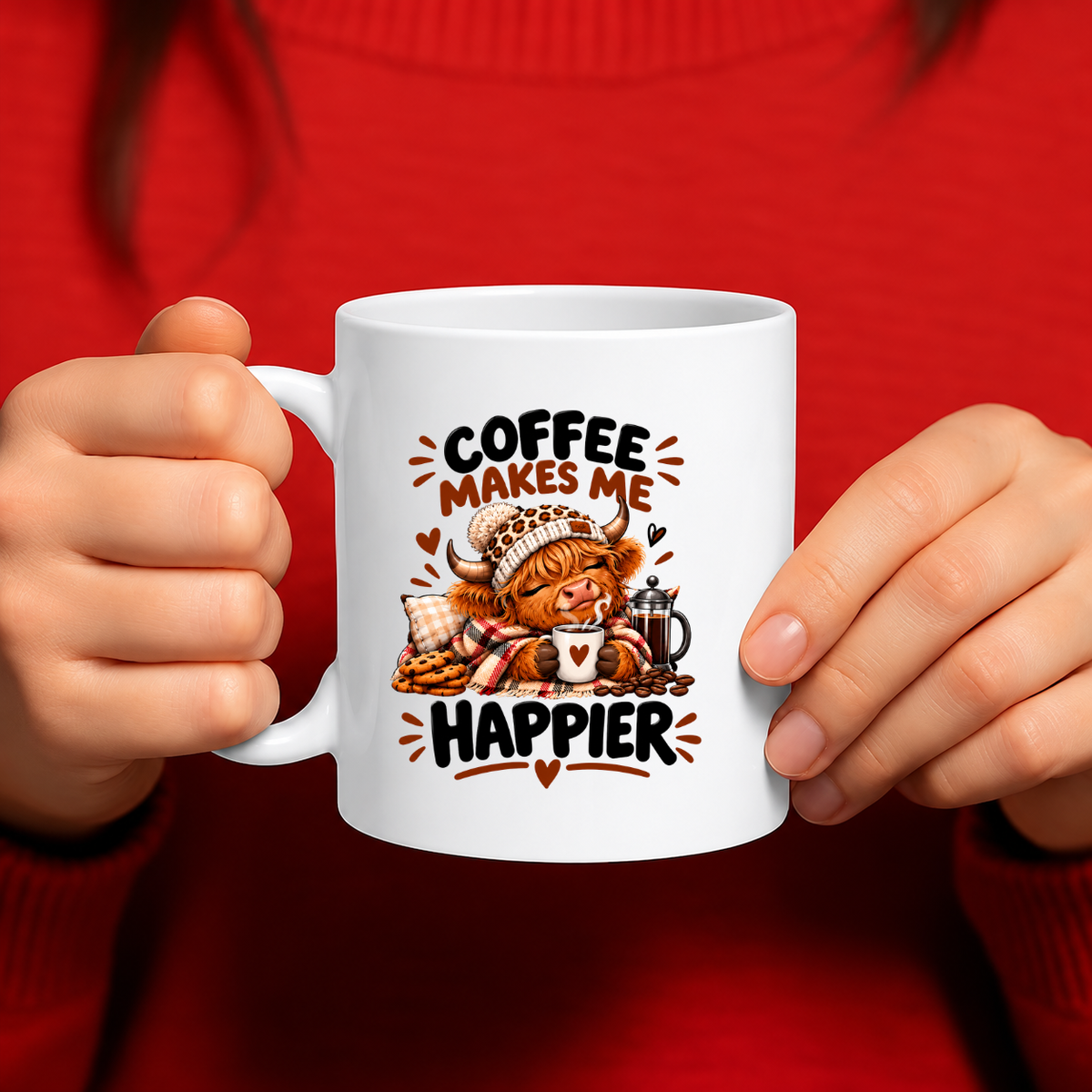 MG6924 Coffee Makes Me Happier Highland Cow Mug, 11oz White Ceramic Coffee Cup with Cosy Cow, Leopard Print Hat and Hot Drink Artwork, 325ml Funny Tea Mug for Home, Office and Coffee Lovers