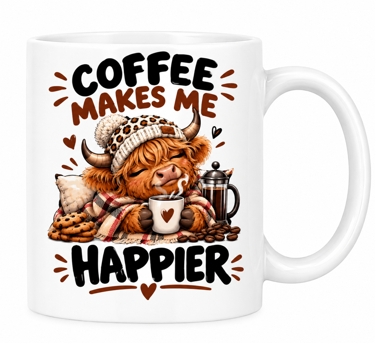 MG6924 Coffee Makes Me Happier Highland Cow Mug, 11oz White Ceramic Coffee Cup with Cosy Cow, Leopard Print Hat and Hot Drink Artwork, 325ml Funny Tea Mug for Home, Office and Coffee Lovers
