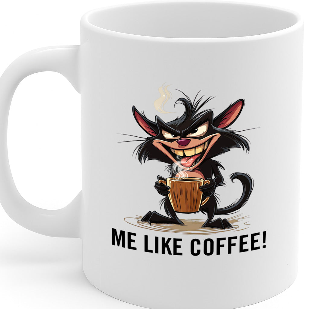 Hilarious “Me Like Coffee!” Black Cat Cartoon Mug – Perfect for Caffeine Addicts & Grumpy Mornings – Microwave & Dishwasher Safe – 325ml / 11oz – MG6635