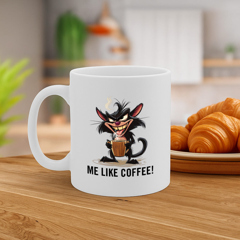 Hilarious “Me Like Coffee!” Black Cat Cartoon Mug – Perfect for Caffeine Addicts & Grumpy Mornings – Microwave & Dishwasher Safe – 325ml / 11oz – MG6635