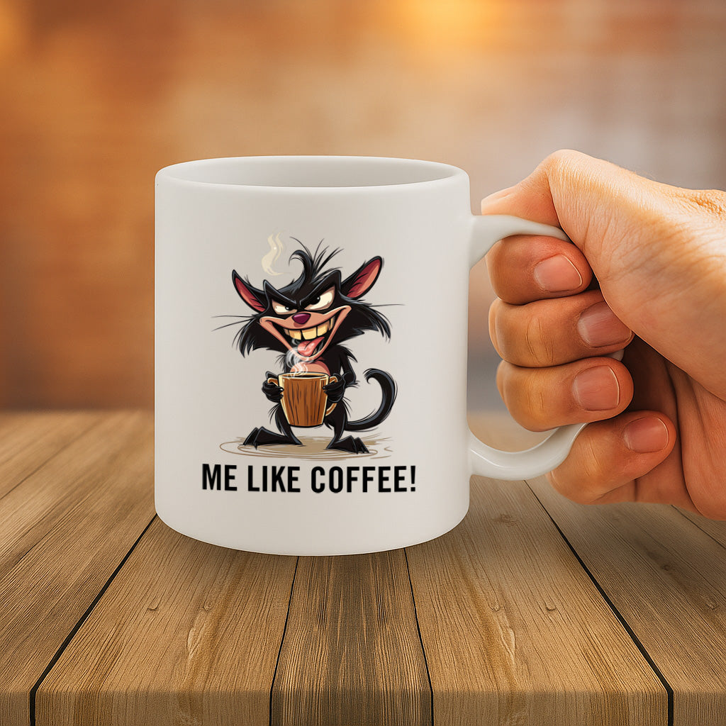 Hilarious “Me Like Coffee!” Black Cat Cartoon Mug – Perfect for Caffeine Addicts & Grumpy Mornings – Microwave & Dishwasher Safe – 325ml / 11oz – MG6635