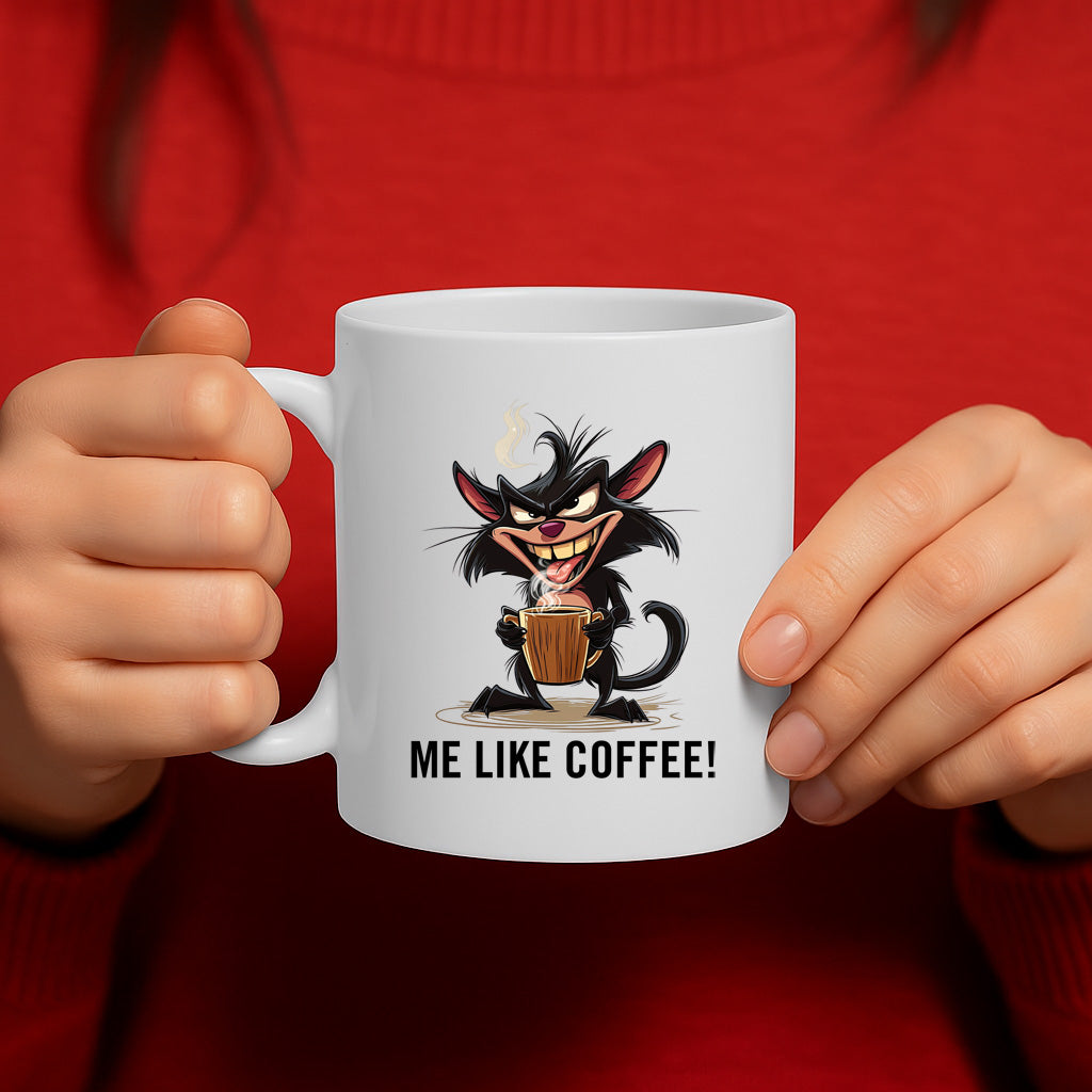 Hilarious “Me Like Coffee!” Black Cat Cartoon Mug – Perfect for Caffeine Addicts & Grumpy Mornings – Microwave & Dishwasher Safe – 325ml / 11oz – MG6635