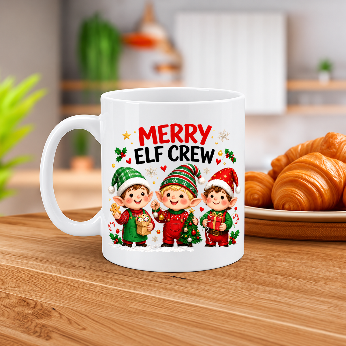 MG6914 Merry Elf Crew Christmas Mug, 11oz White Ceramic Coffee Cup with Three Cute Christmas Elves, Festive Gifts and Tree Print, 325ml Novelty Tea Mug for Xmas Holidays, Home and Office