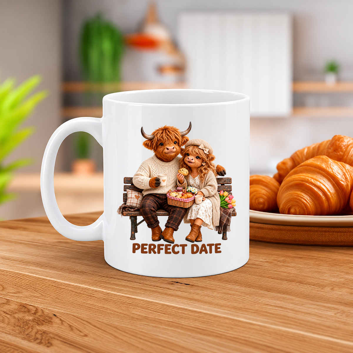 MG6915 Perfect Date Highland Cow Couple Mug, 11oz White Ceramic Coffee Cup with Romantic Cow Couple Artwork, Cute Love Design, 325ml Novelty Tea Mug