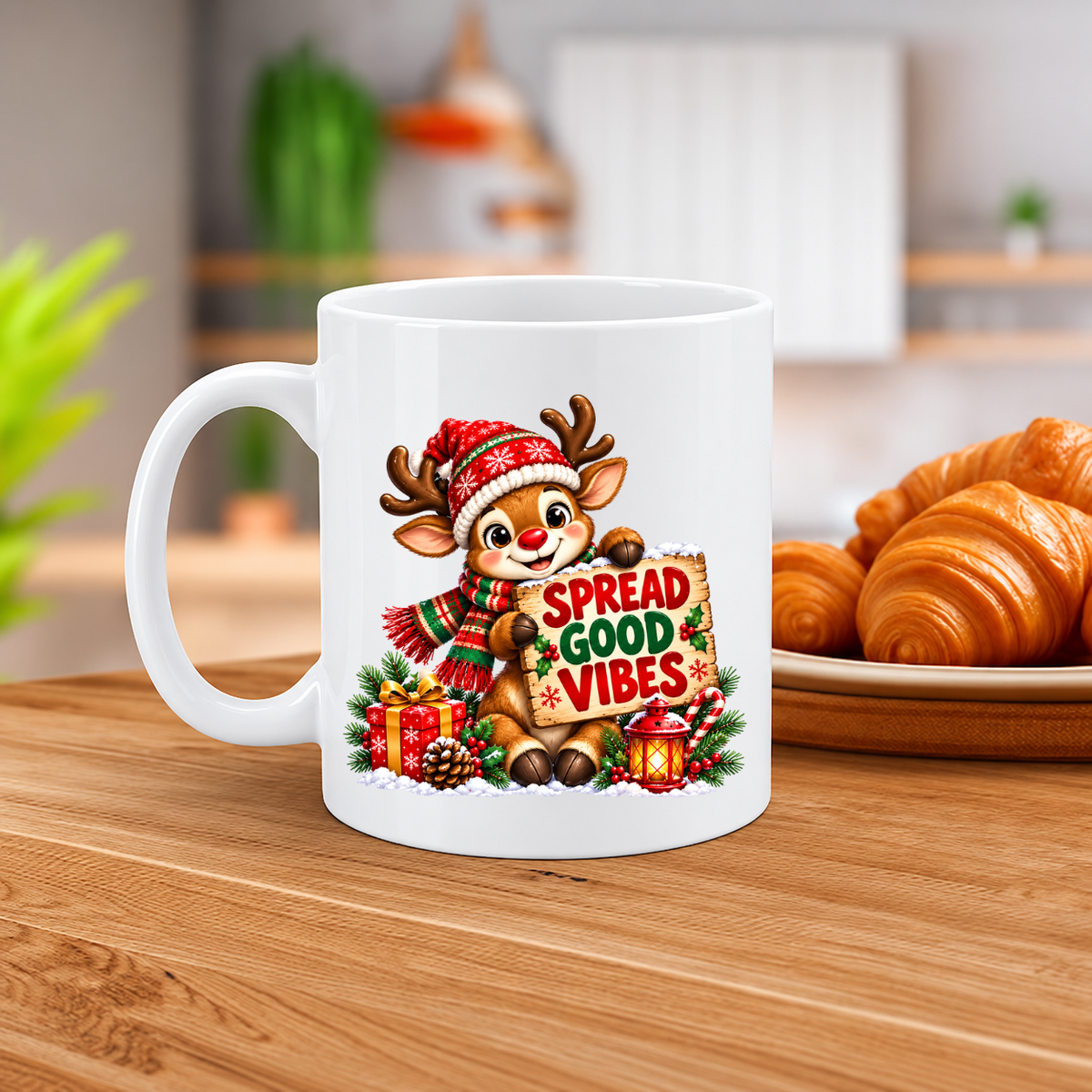 MG6916 Spread Good Vibes Christmas Reindeer Mug, 11oz White Ceramic Coffee Cup with Cute Festive Reindeer, Santa Hat and Wooden Sign Print, 325ml Novelty Tea Mug for Xmas, Home and Office