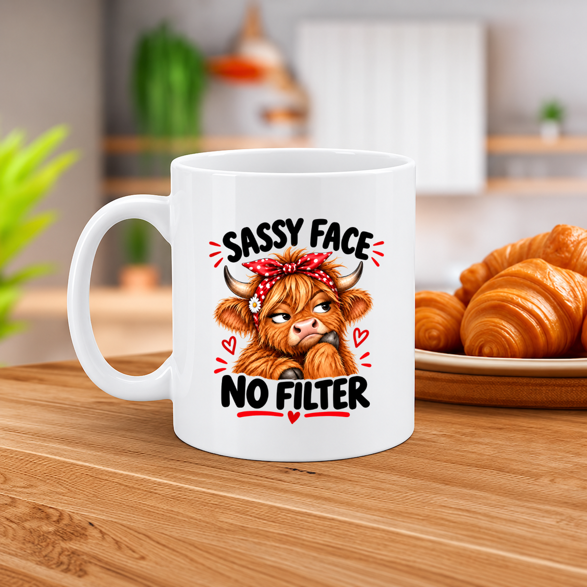 MG6917 Sassy Face No Filter Highland Cow Mug, 11oz White Ceramic Coffee Cup with Funny Grumpy Cow and Red Polka Dot Headband Print, 325ml Novelty Tea Mug for Home, Office and Coffee Breaks