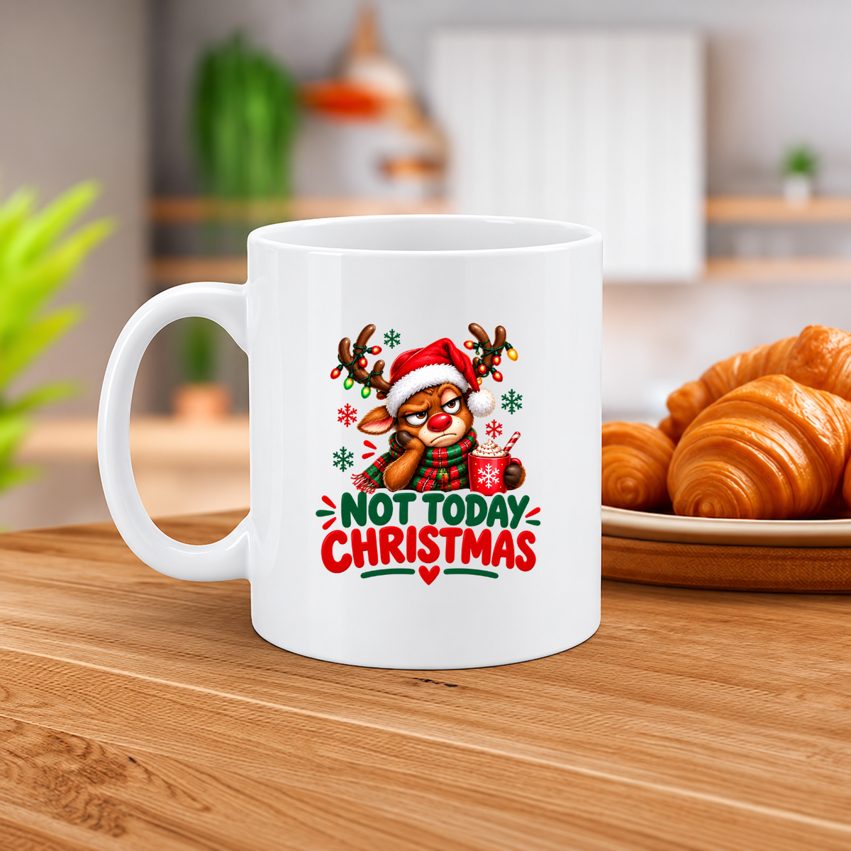 MG6919 Not Today Christmas Reindeer Mug, 11oz White Ceramic Coffee Cup with Grumpy Reindeer, Santa Hat and Hot Chocolate Print, 325ml Funny Festive Tea Mug for Home, Office and Winter Holidays
