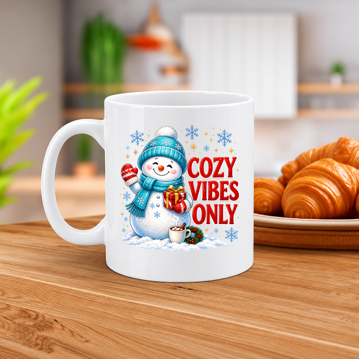 MG6920 Cozy Vibes Only Snowman Mug, 11oz White Ceramic Coffee Cup with Cute Winter Snowman, Blue Hat and Christmas Gift Print, 325ml Festive Novelty Tea Mug for Home, Office and Winter Holidays