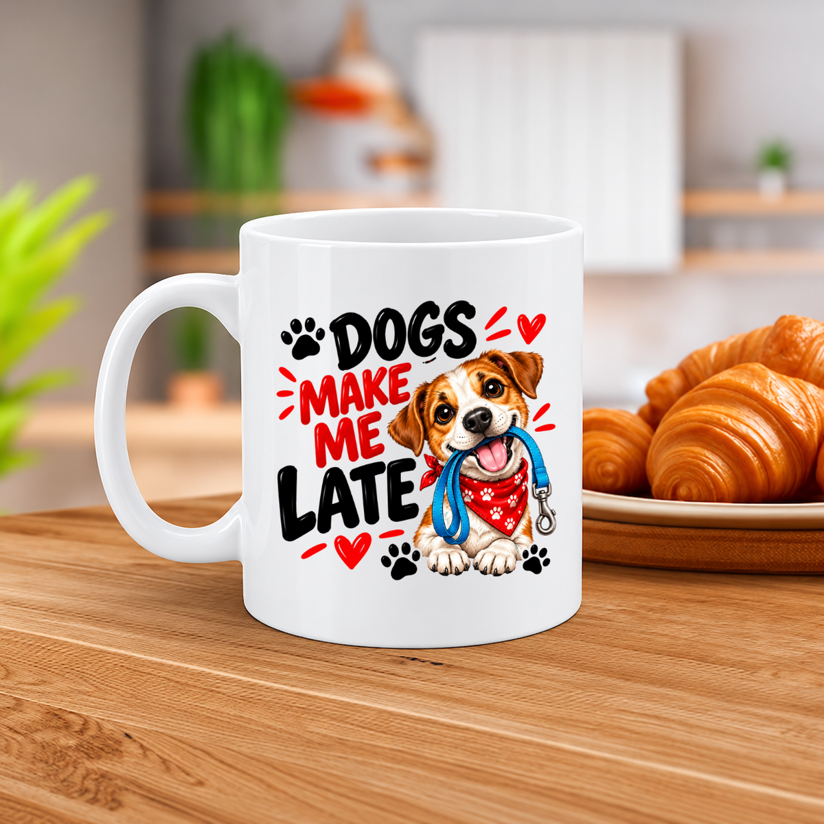 MG6921 Dogs Make Me Late Funny Dog Mug, 11oz White Ceramic Coffee Cup with Cute Puppy, Blue Lead and Red Bandana Print, 325ml Novelty Tea Mug for Dog Lovers, Pet Owners, Home and Office