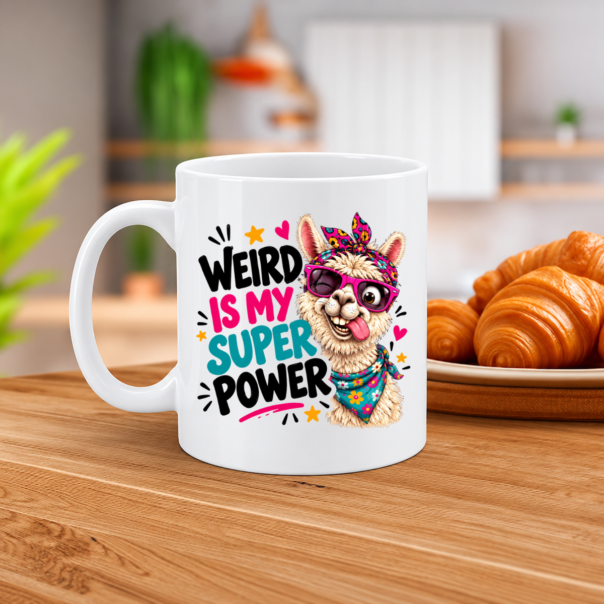 MG6922 Weird Is My Super Power Llama Mug, 11oz White Ceramic Coffee Cup with Funny Winking Llama, Pink Sunglasses and Floral Bandana Print, 325ml Novelty Tea Mug for Home and Office