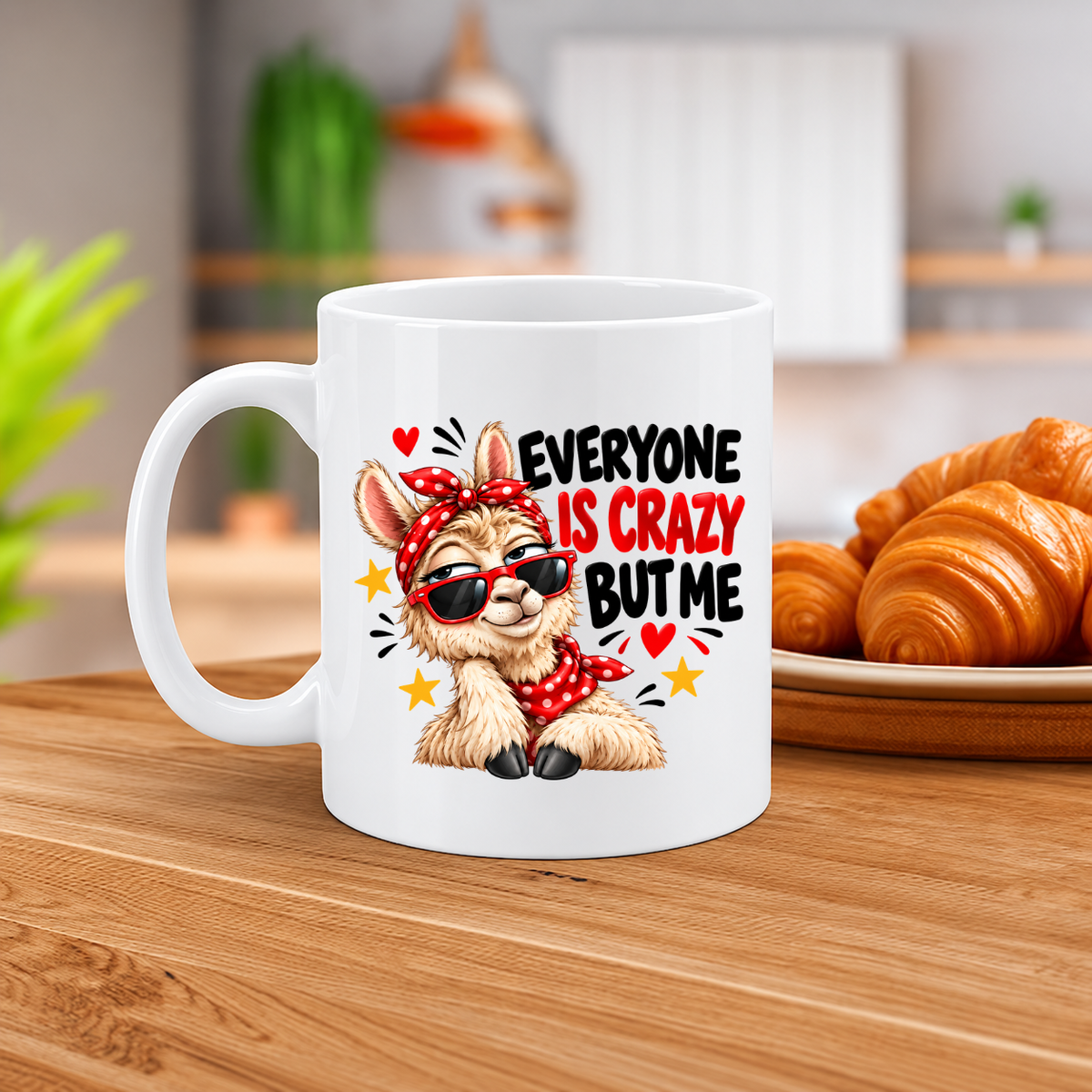 MG6923 Everyone Is Crazy But Me Funny Llama Mug, 11oz White Ceramic Coffee Cup with Sassy Llama, Red Sunglasses and Polka Dot Bandana Print, 325ml Novelty Tea Mug for Home, Office and Coffee Breaks