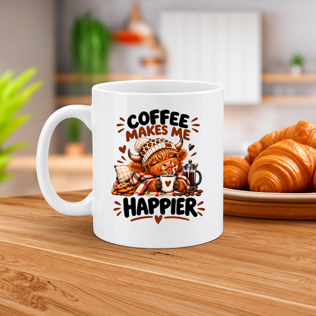 MG6924 Coffee Makes Me Happier Highland Cow Mug, 11oz White Ceramic Coffee Cup with Cosy Cow, Leopard Print Hat and Hot Drink Artwork, 325ml Funny Tea Mug for Home, Office and Coffee Lovers