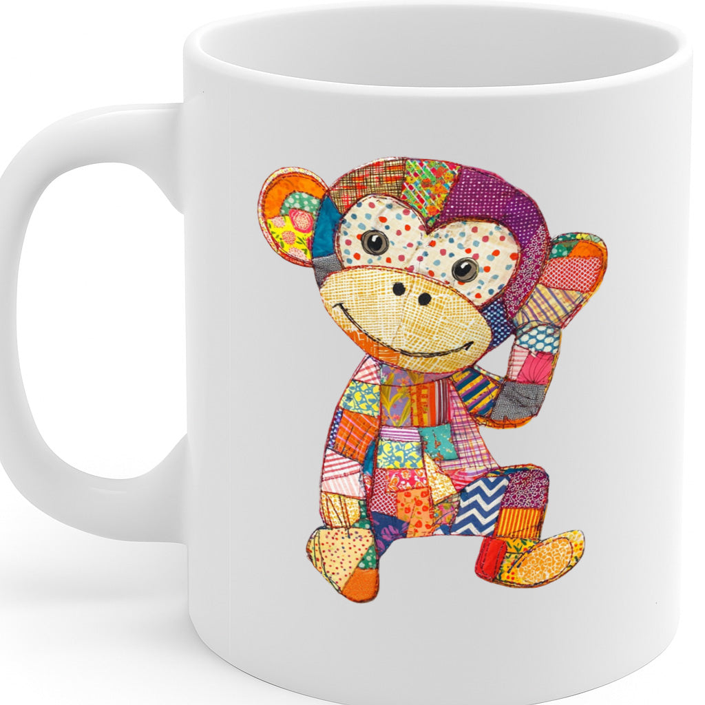 Colorful Patchwork Monkey Design Mug – Fun and Whimsical Coffee Cup with Cute Fabric-Style Monkey Artwork – MG6634