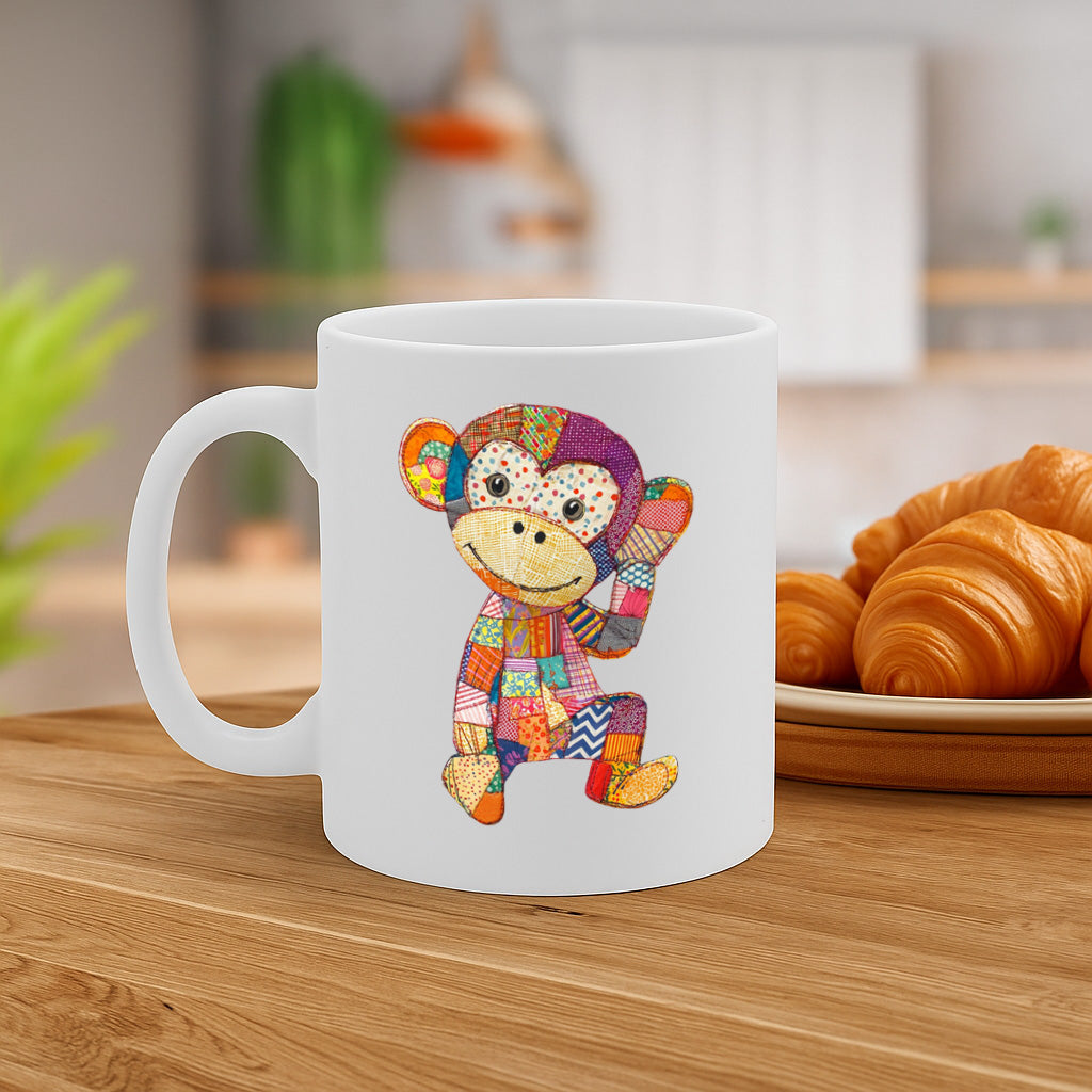 Colorful Patchwork Monkey Design Mug – Fun and Whimsical Coffee Cup with Cute Fabric-Style Monkey Artwork – MG6634